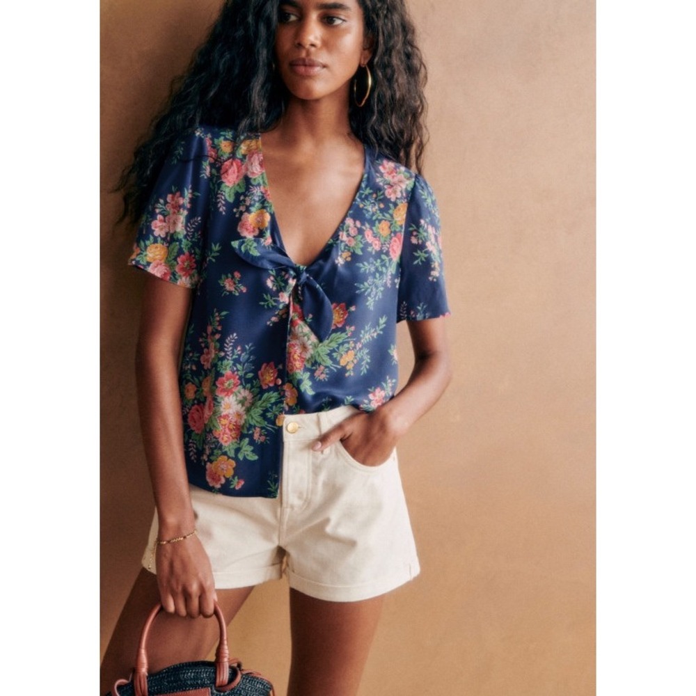 Sezane Eloine Blouse Palomba Floral Tie V-Neck Short Sleeve Floral Navy Silk 42